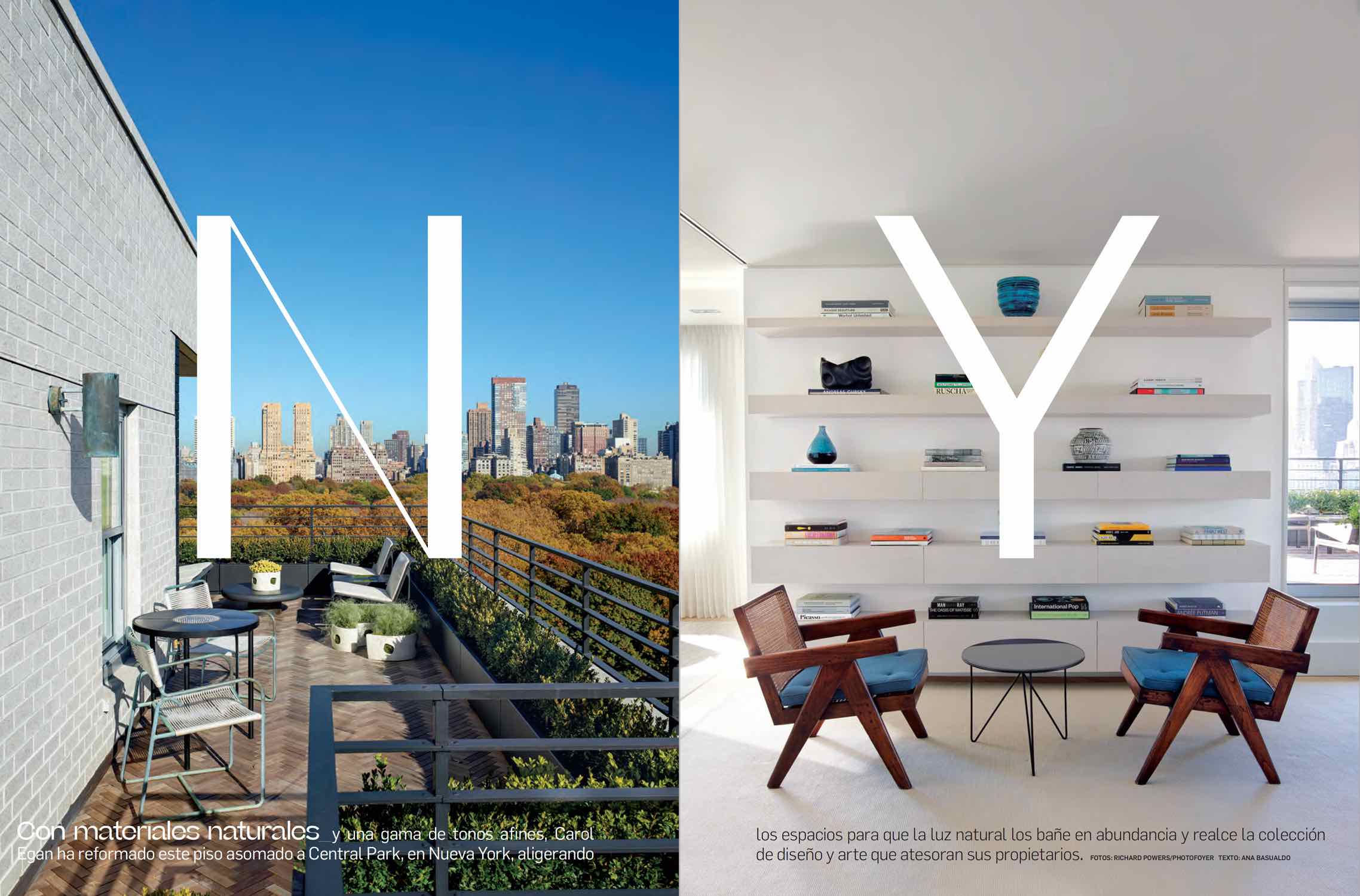 Interior design by Carol Egan, photograph of a terrace with armchairs by Walter Lamband, ceramic dining table by Marianne Vissiere, triple seat sofa by Richard Schultz and J9 coffee table by Axel Vervoordt; and library with “Easy Armchair” by Pierre Jeanneret.