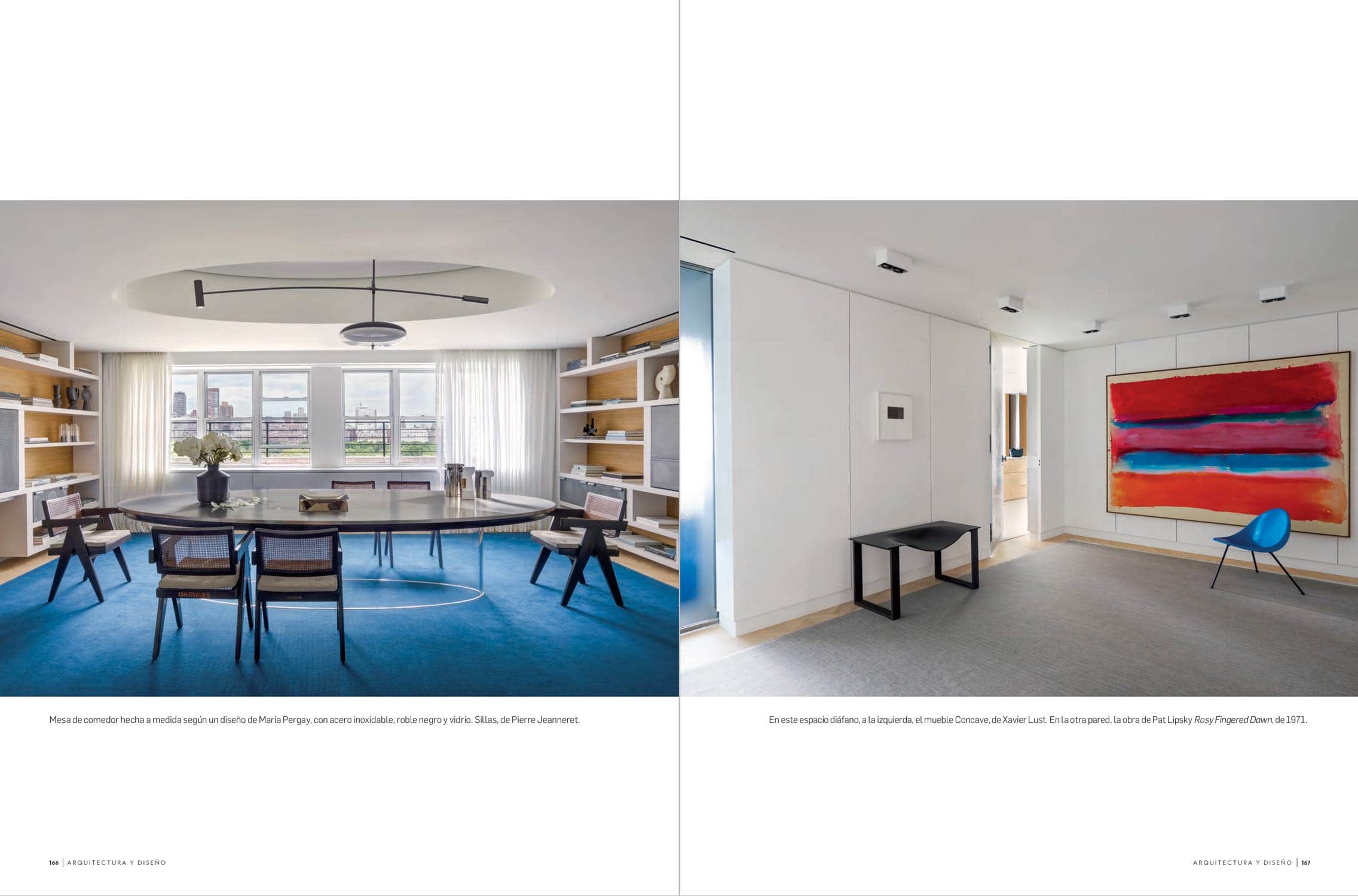 Two rooms designed by Carol Egan Interiors in a Fifth Avenue apartment - dining room with custom commission dining table by Maria Pergay, Chandigarh dining armchairs by Pierre Jeanneret and custom pendant design by Studio Carol Egan; and hallway with tripod chair by Poul Kjaerholm, Matrice 06 stool by Studio Cogitech, Rosy Fingered Dawn by Pat Lipsky and Natural Group 1/13 by Harry Callahan.