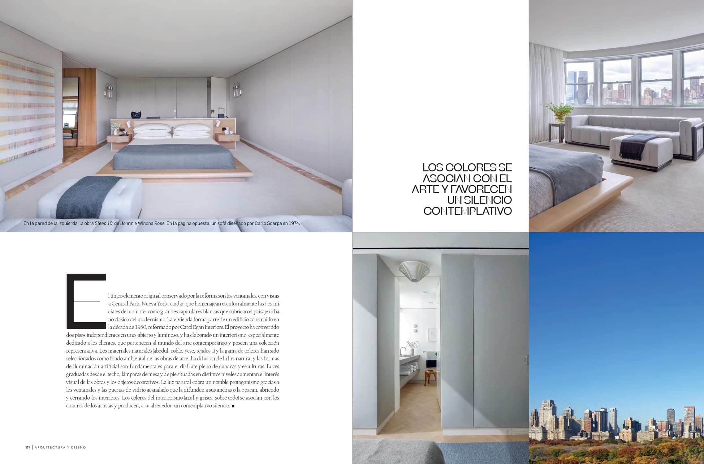 Images of the master bedroom of a Park Avenue apartment with custom bed design by Studio Carol Egan, Cornaro 220 sofa by Carlo Scarpa and A226B ceiling light by Alvar Aalto.