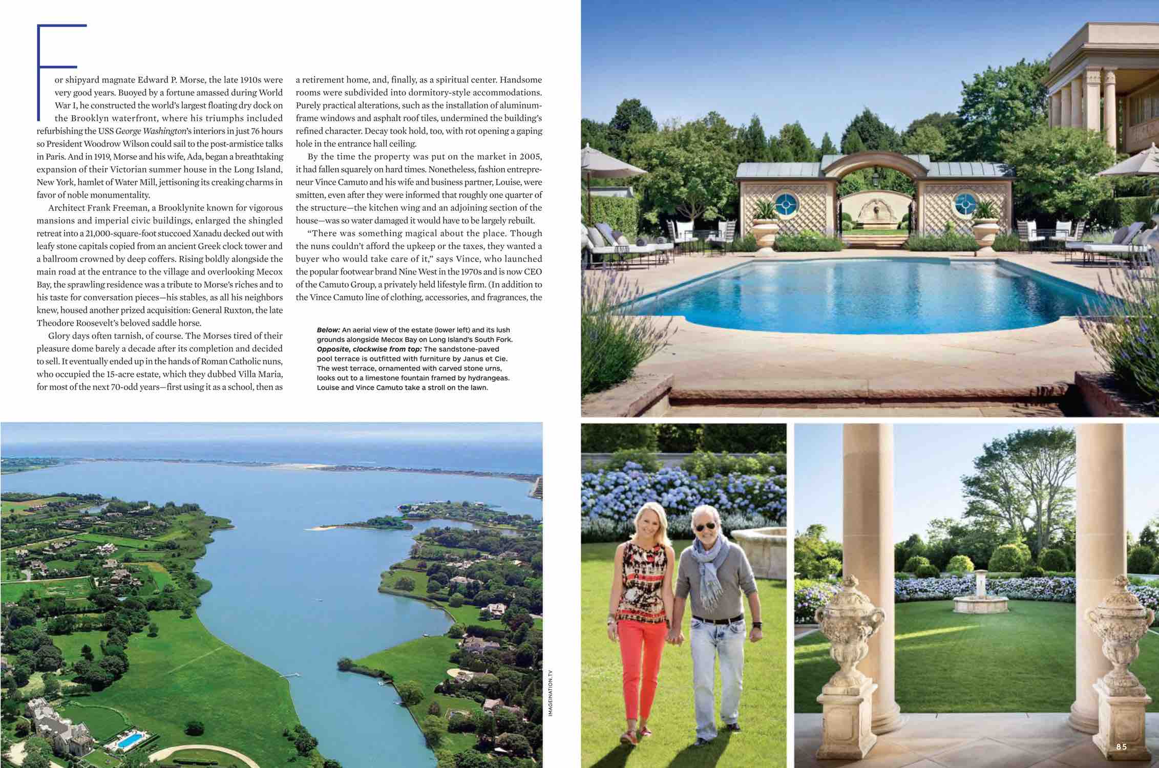 An aerial view of the estate and its lush grounds alongside Mecox Bay on Long Islands South Fork.  The sandstone-paved pool terrace is outfitted with furniture by Janus et Cie.  The west terrace, ornamented with carved stone urns, looks out to a limestone fountain framed by hydrangeas.  Owner takes a stroll on the lawn.