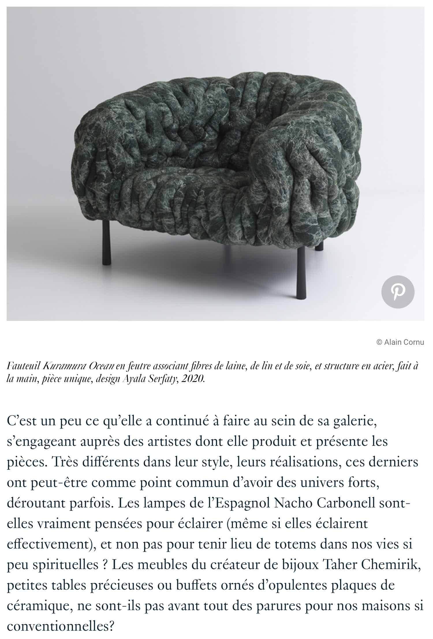 French Architectural Digest published on October 2020 featuring an article on Galerie BSLs 10th anniversary with Carol Egans furniture, page 12.