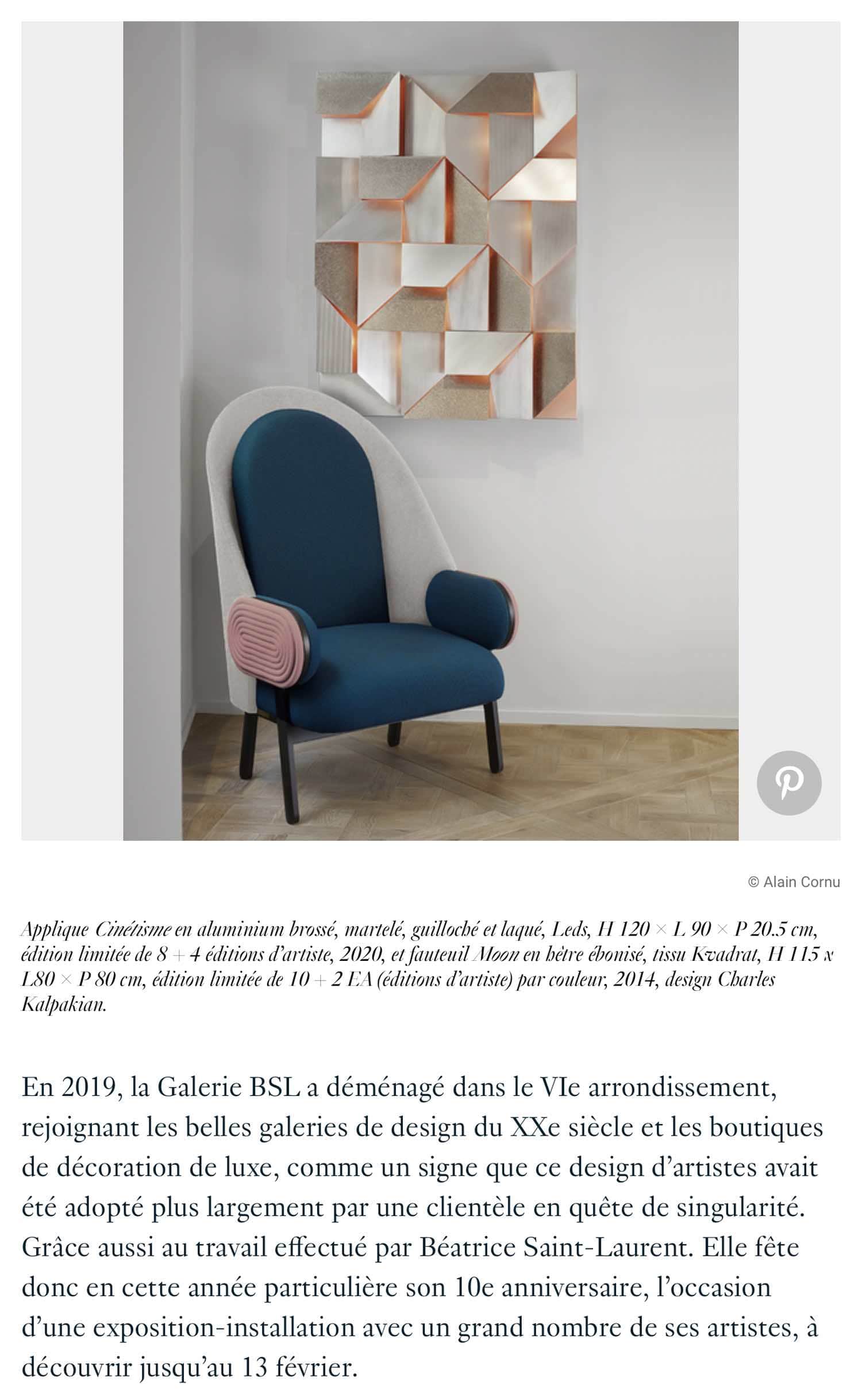 French Architectural Digest published on October 2020 featuring an article on Galerie BSLs 10th anniversary with Carol Egans furniture, page 12.