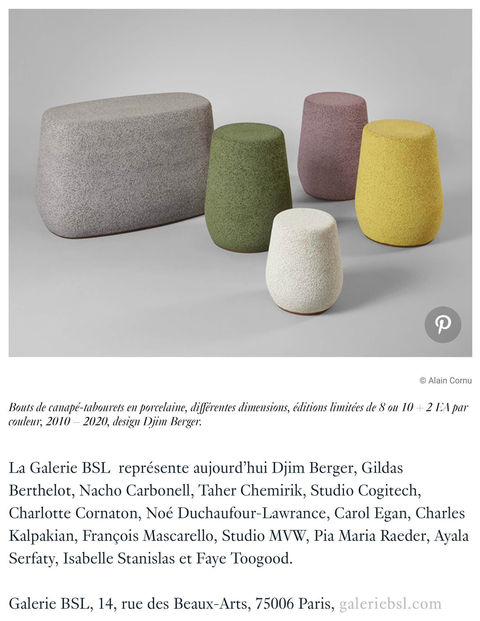 French Architectural Digest published on October 2020 featuring an article on Galerie BSLs 10th anniversary with Carol Egans furniture, page 12.