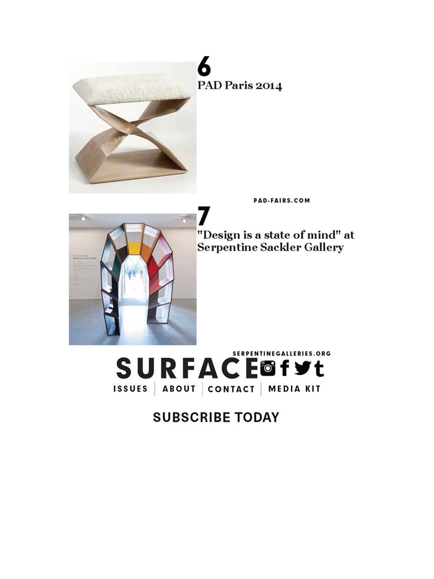 The top seven happenings in contemporary design, art, architecture, and fashion showing an image of Carol Egan s CE06 X Stool featured in November 2013 of Surface magazine.