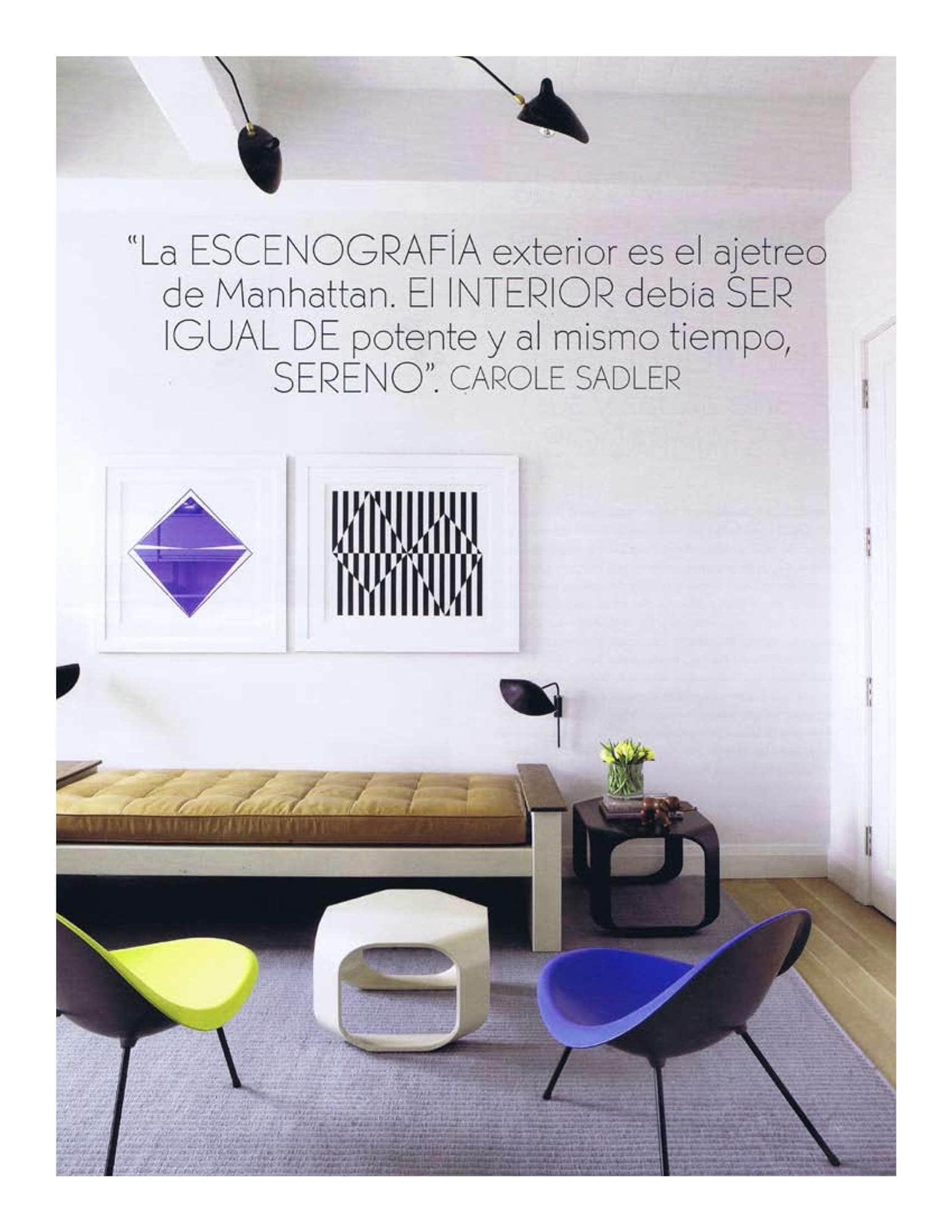 Designed by Carol Egan Interiors, this room consist of aluminum tripod chairs by Poul Kjaerholm, twist side table by Lepere, "Chaise en Boise" by Jean Prouve from Sam Kaufman and mid-century modern rotating curved arm wall lamp by Serge Mouille.  Silkscreen: "Black & White" artwork by Carmen Herrera.