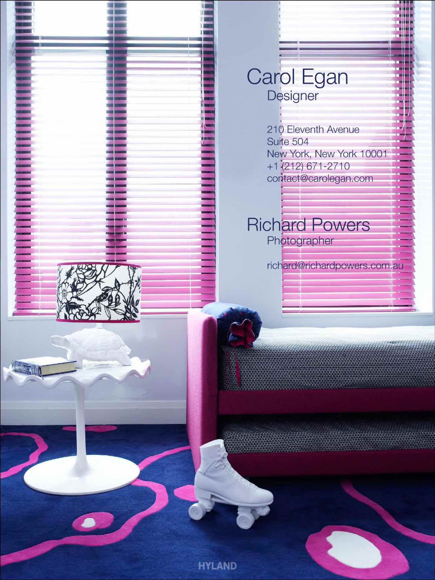 Designed by Carol Egan Interiors, the photograph shows a childs bedroom with Biss daybed by Pinuccio Borgonovo for Flou, roller skate doorstop by Areaware and custom carpet based on Émile Jacques Ruhlmann Prelle design.